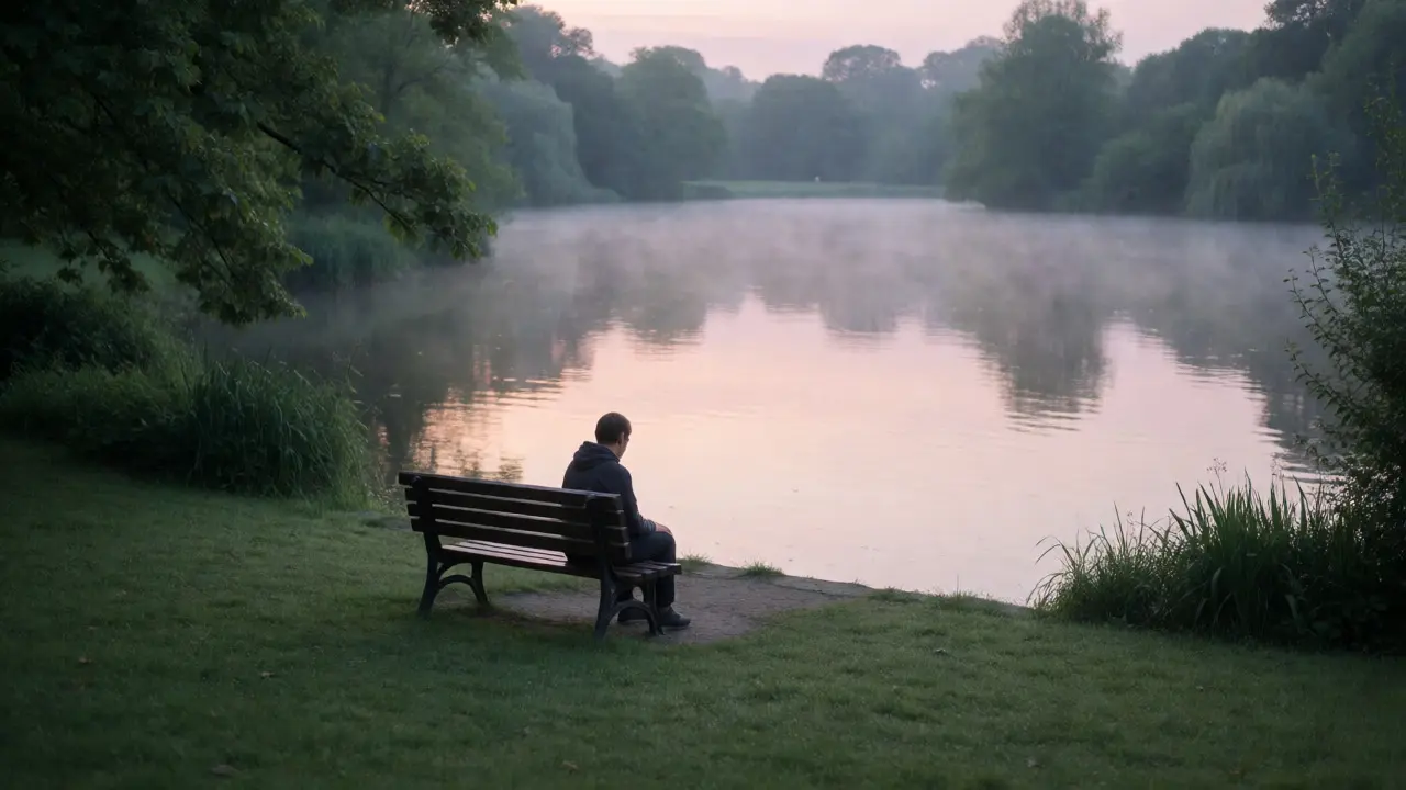 Individual sitting peacefully on a bench by a misty lake