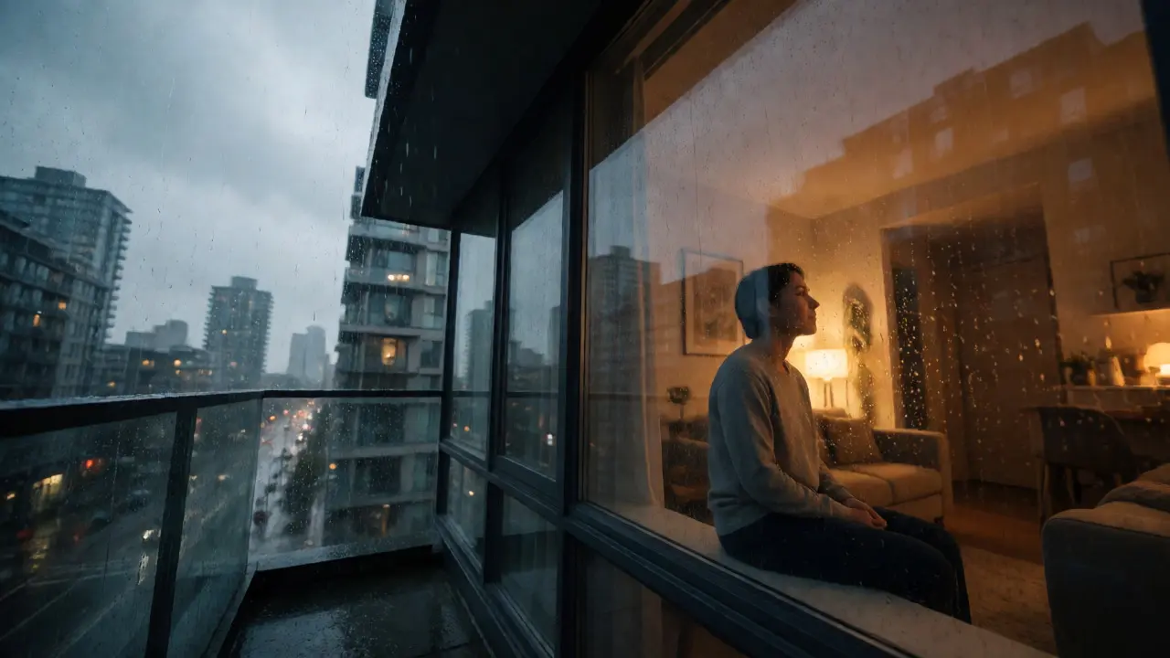 Person meditating by a rainy window in a city
